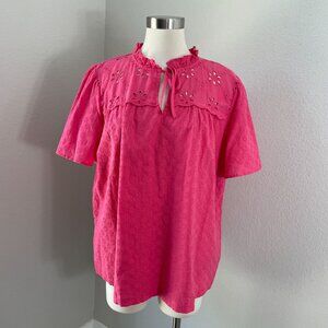 Ann Taylor Womens XL Tall Pink Eyelet Cotton Top Short Sleeve Ruffled Neckline